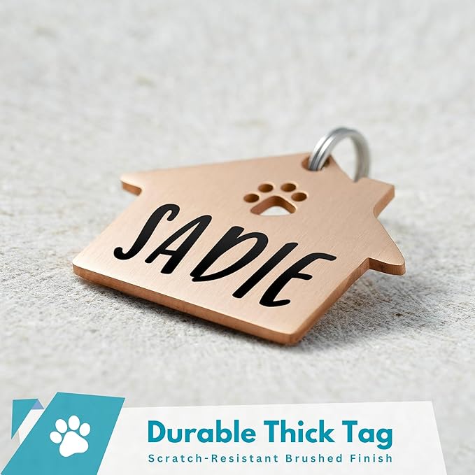 Ultra Joys Dog Tags Personalized for Pets - Hollow Paw Custom Pet ID Tag - Engraved Dog Tag for Small, Large Dogs - Large House in Rose