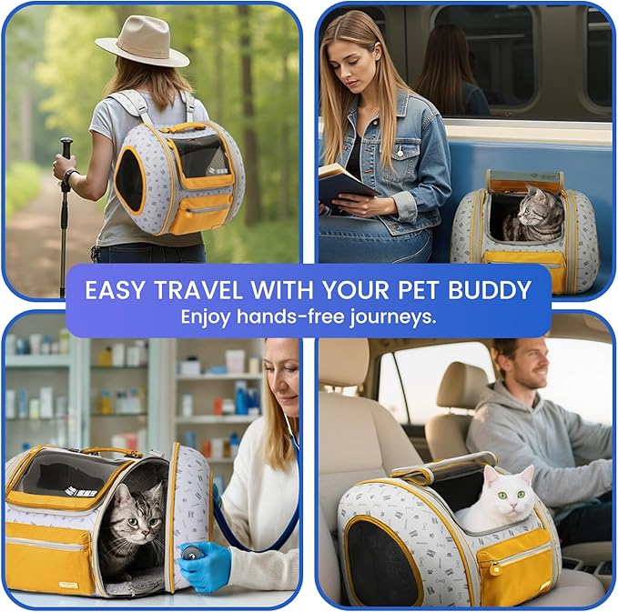 Cat and Dog Backpack Carrier, Foldable Breathable Pet Carrier Backpack with Mesh Ventilation, Large Portable Outing Traveling Pet Bag for Small, Medium Cats, Small Dogs, Orange