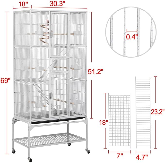 Yaheetech 69-Inch Extra Large Wrought Animal Cage Metal 3 Levels Small Animal Cage w/Cross Shelves and Ladders for Ferret Chinchilla Sugar Glider Squirrel, White