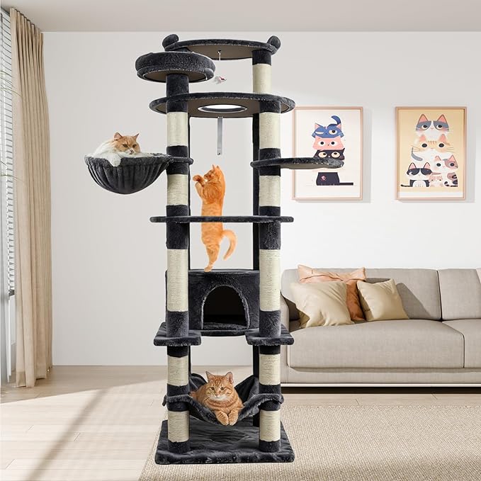 78.8" Large Cat Tree Tower for Indoor Kitties, Multi-Level Furniture Activity Center for Tall Cat Condo with Cozy Perches,Sisal Scratching Posts,Hammock and Basket (78.8 inch Dark Gray)