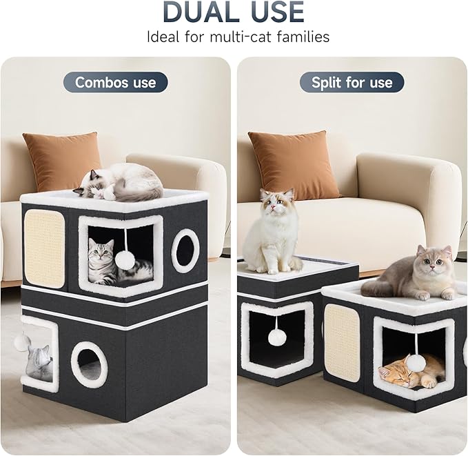 2-Storey Cat House for Indoor Cats, Separate Into 2 Large Cat Bed Cave with Hideaway Condos, Scratch Pads, Hanging Balls, Foldable Indoor Cat House, Cat Cube for Multiple Cats Kitten, Black