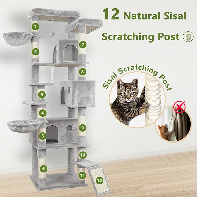 84.6" Multi-Level Tall Cat Tree Tower for Indoor Kitties Larger Cat Condo Furniture with Hammock Cozy Perches Sisal Scratching Posts XXL Pet House (84.6 inch Light Gray)