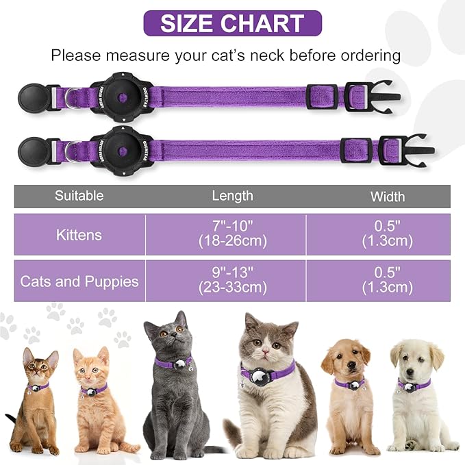Luminous AirTag Cat Collar Breakaway, OUCWLTAG GPS Cat Collar with Apple Air Tag Holder, Cat Tracker Collars with Safety Elastic Band for Girl Boy Cats, Kittens and Puppies (Purple, 9-13 Inch)