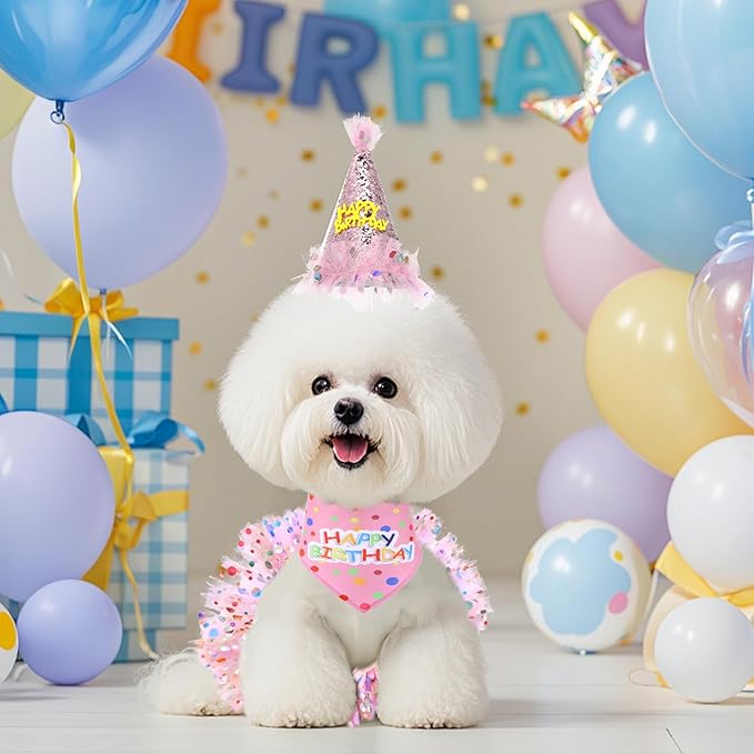 Dog Birthday Bandana with Hat and Dress Girl Set Puppy Birthday Party Supplies Cute Tutu Skirt Outfit for Small Medium Large Dogs Decorations