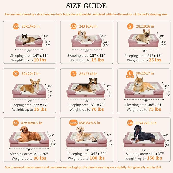 Comfort Expression Orthopedic Dog Bed for Extra Large Dogs 42x30 Inch, Waterproof Supportive Egg Crate Foam XL Pet Bed with Removable Bolsters, Dog Couch with Washable Cover & Non-Slip Bottom, Pink