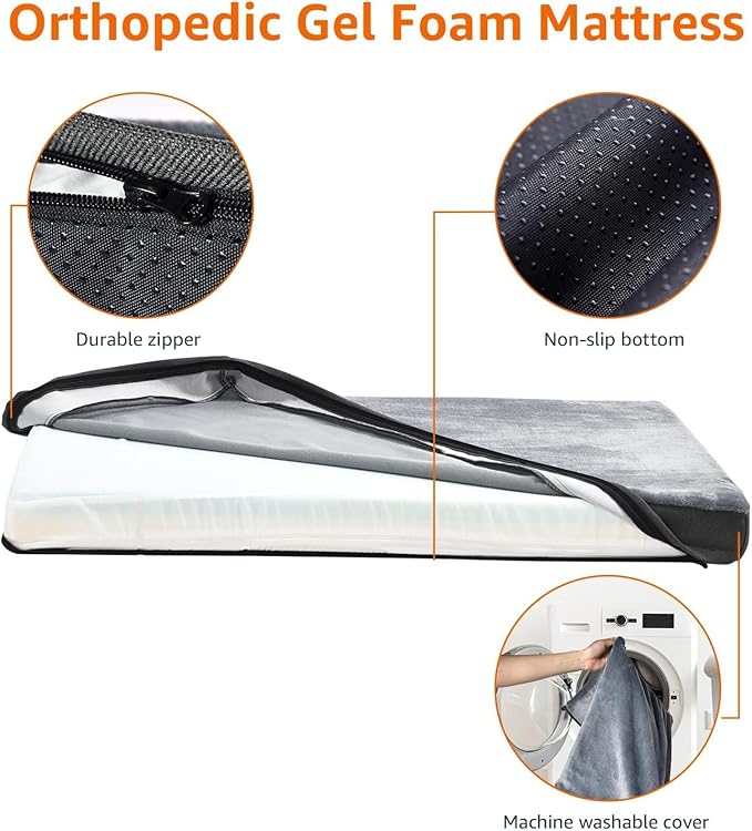 Amazon Basics Washable Dog Bed with Cooling Gel Memory Foam, Pressure-Relief Support for Dogs up to 50lbs, Non-Slip Bottom, Removable Cover, Large (35" x 22"), Grey