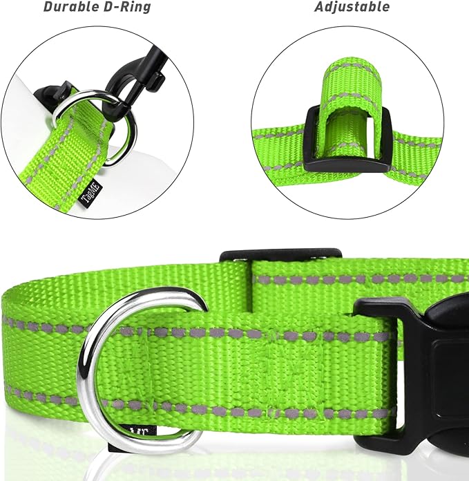 TagME Reflective Nylon Dog Collars, Adjustable Classic Collar with Quick Release Buckle for Extra Large Dogs, Green, 1¼" Width