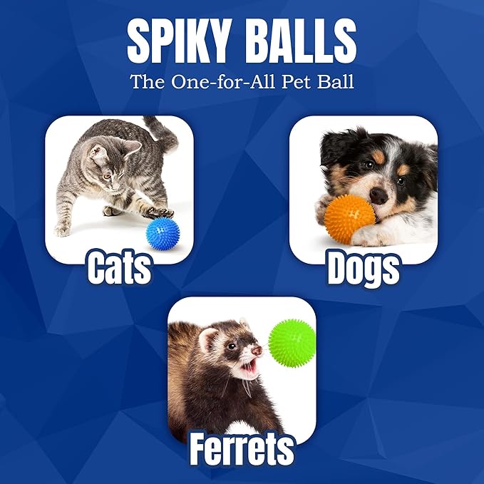 Meric CoCoo 3-Pack Squeaky Dog & Ferret Ball Toys, 2.3", Massage Teeth and Gums, Spikey Cat Rubber Balls, Toss Fetch Squeeky Doggy Balls for Multi-Pet Homes