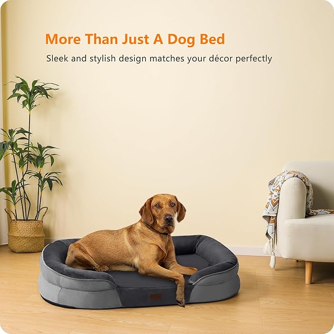 Dwanton Orthopedic Dog Bed for Extra Large Dogs with Gel Memory Foam, Waterproof Dog Sofa, Washable Pet Bed with Four Sided Bolster Cushion, Removable Cover & Non-Slip Bottom, 45", Dark Gray