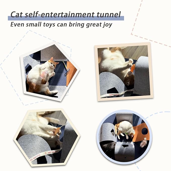 Cat Tunnel Mat for Indoor Cats,4-Way Felt Cat Tunnel Play Mat with Feathers & Bell 6 Pcs Interactive Cats Enrichment Toys Set Foldable Kittens Cave Hideout for Pet Hide & Seek(Navy Blue)