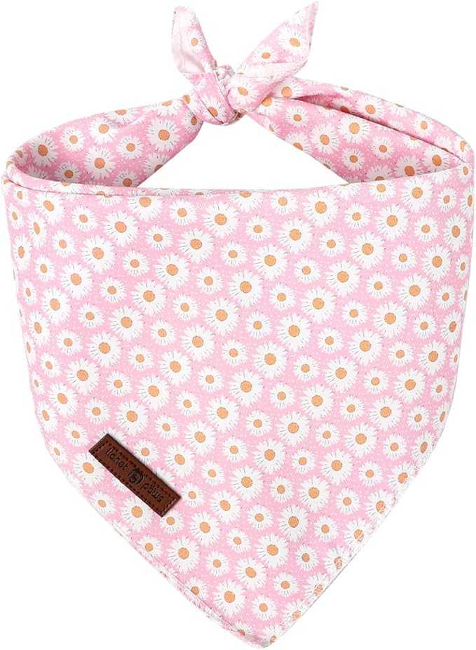 Lionet Paws Spring Daisy Dog Bandana Washable Cotton Handkerchief Scarf Triangle Pink Bandana for Small Medium Large Dogs Girl Boy
