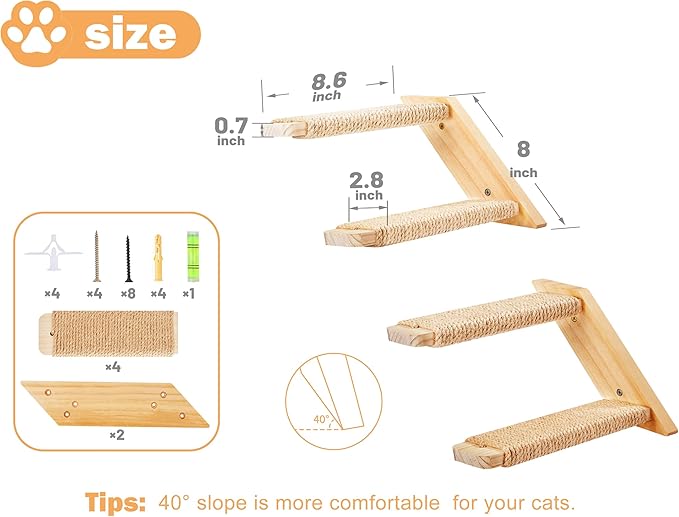Cat Climbing Stair Shelf Wall Mounted Reversible Left & Right Direction, Cat Stairway Shelf for Climbing with Sisal Rope Ladder Wall Furniture