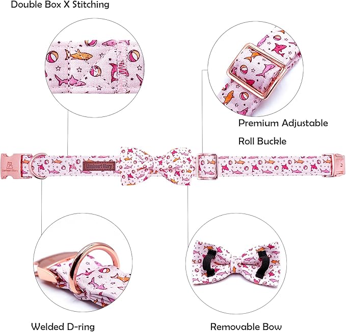 Lionheart glory Dog Collar Shark Print Dogs Bow Collar Adjustable Soft Pink Dog Collars Male or Female Summer Spring Collars with Bowtie for Small Dogs Puppy
