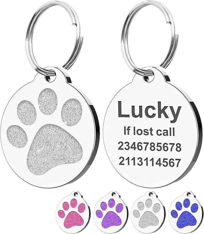 Dog Tags Personalized for Pets Dog Name Tags Personalized Dog Tag Engraved with Any Name & Text Custom Dog ID Tags Glitter Bone ID Tag for Puppy Cat (Silver-Round, L)