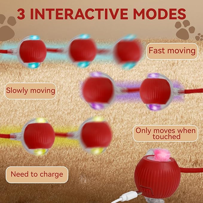 Interactive Electric Automatic Rolling Moving Rechargeable Self Play Stimulation Toy,Smart Pet Chase Ball with Speedy Tail Rope for Bored Indoor Cats Enrichment,stimulating Dogs Toy (Red)