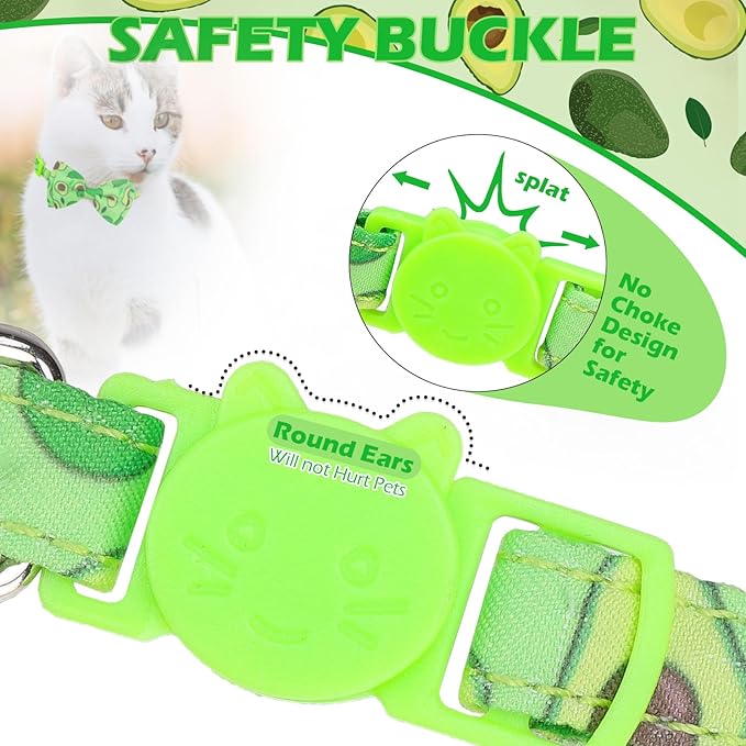 EXPAWLORER Cute Cat Collar Breakaway with Bells - 2 Pack Fruit Adjustable Pet Collar with Removable Bow Tie and Bandana, Safety Buckle for Girl Boy Cats Kitten, Avocado
