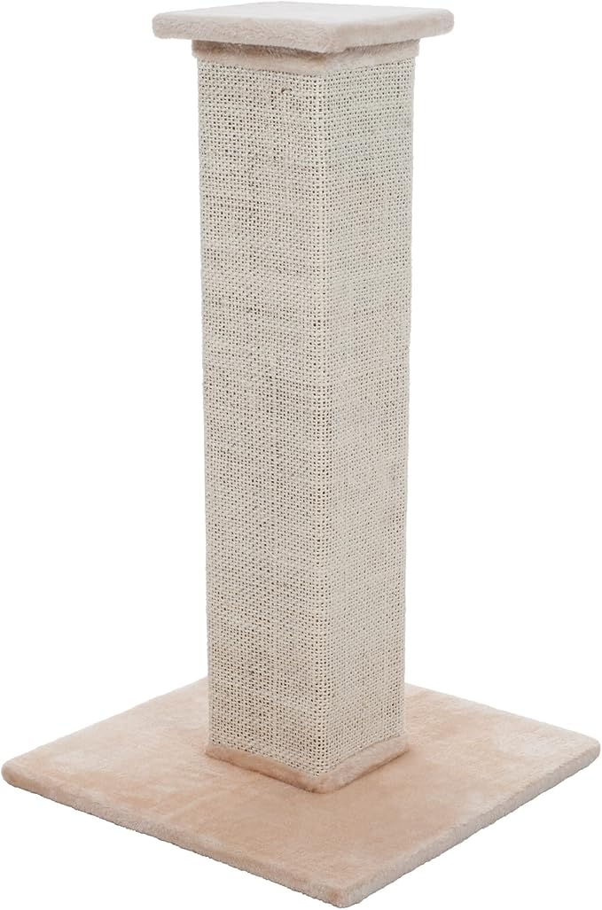 Cat Scratching Post with Carpeted Base - 27.75-Inch Sisal Burlap Fabric Scratcher - Furniture Scratching Deterrent for Indoor Cats by PETMAKER (Beige)
