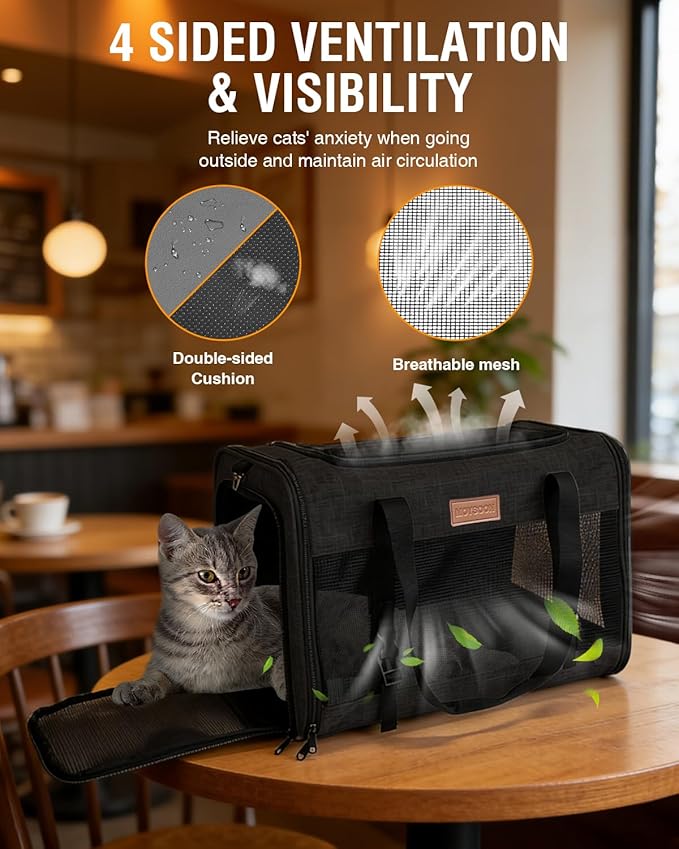PETUX Large Pet Carrier for Large Cats ＆ Small Dogs - Up to 20Lb, Top and Side Entry, 4 Side Breathable, Foldable Soft Cat Travel Carrier with Safety Car Seat Buckle and Anti-Scratch Mesh - Black