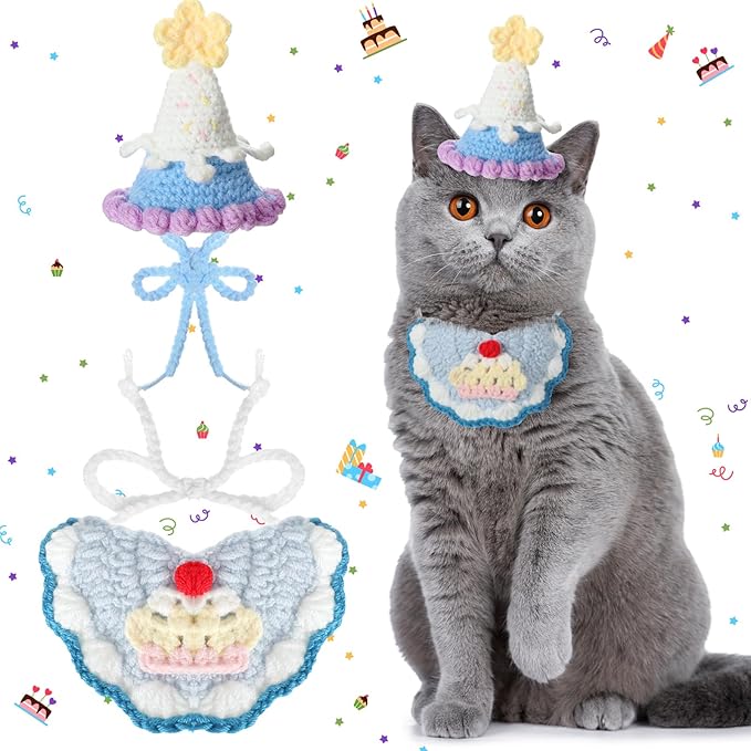 Sanwuta 2 Pcs Cat Birthday Party Supplies, Knit Cat Hat Kitten Birthday Bib Knit Bandana Pet Party Costume Headwear Accessories for Puppy Kitten Small Dogs Animals(Blue)