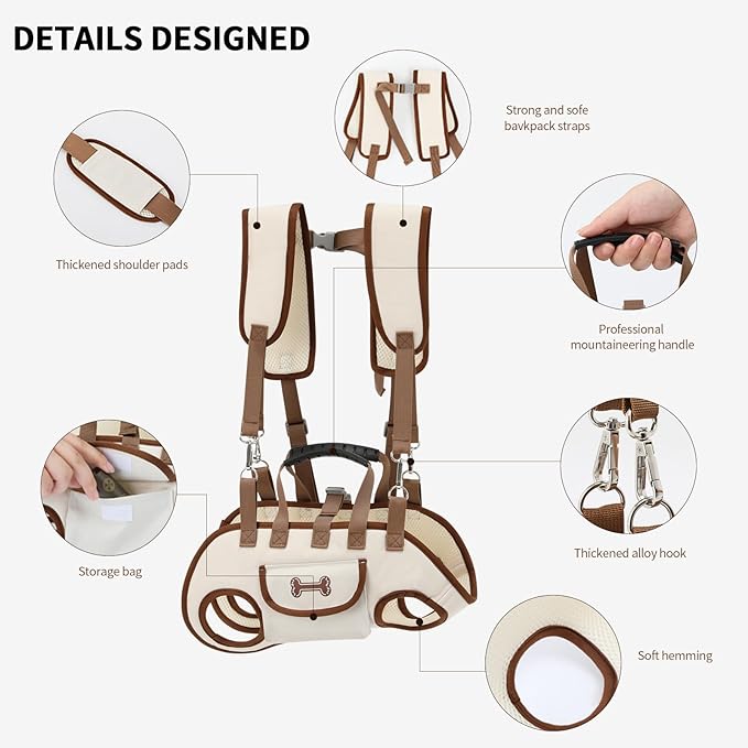 Dog Backpack Carrier for Small Dogs,Dog Lift Harness Adjustable Padded Breathable with Small Pet Treat Bag Straps for Disabled, Joint Injuries, Cars,Outdoor Hiking Pet（XL 19-28lb）