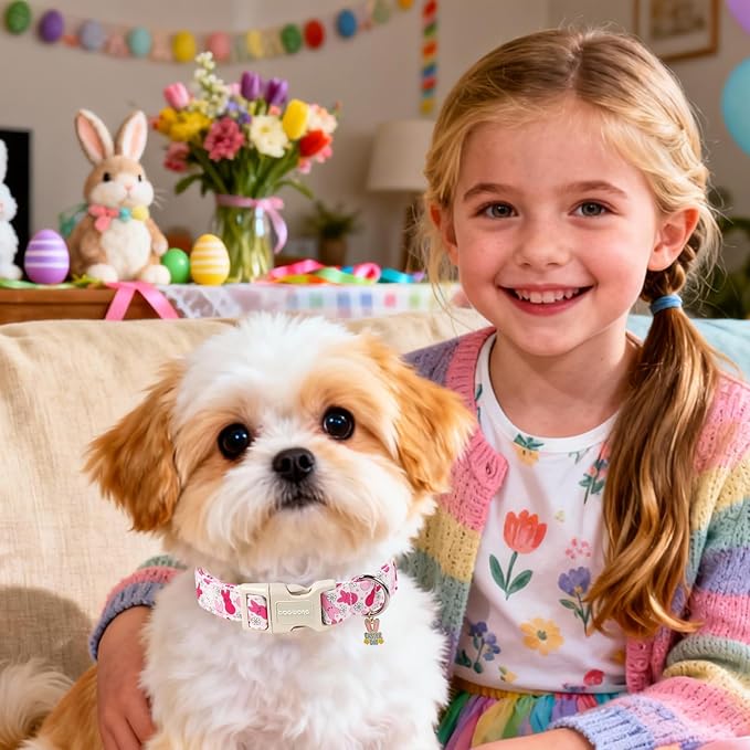 DOGWONG Easter Dog Collar, Cute Pink Easter Bunny Pet Collar Durable Holiday Girl Boy Adjustable Cotton Dog Collars for Puppy Small Dogs,XS Visit The Elegant Little Tail Store