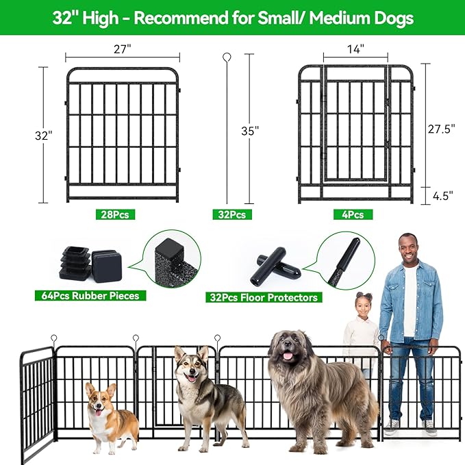 Dog Fence Outdoor 32 Piece Panels 32" Height, Square Steel Pipe with Reinforced Crossbars, Anti-Rust Heavy Duty Dog Playpen with Doors Portable for Yard RV Camping, Total 71FT, 406 Sq.ft, Snowy Black