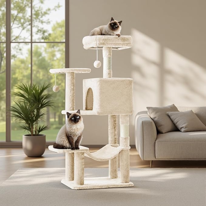 DUMOS Small 44 Inch Cat Tree Tower, Cat Climbing Tower with Natural Sisal Scratching Posts, Hammock, Pet Condo for Indoor Cats and Kittens Play, Beige