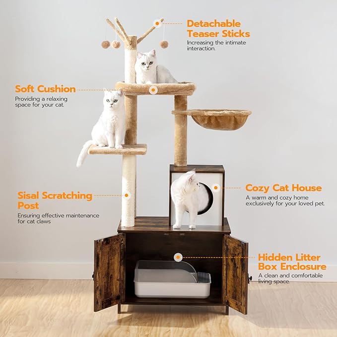 HOOBRO Cat Tree with Litter Box Enclosure for Indoor, Wooden Cat Condo with Scratching Posts, Hidden Litter Box Furniture, All-in-One Cat House, Rustic Brown FG15MZ03