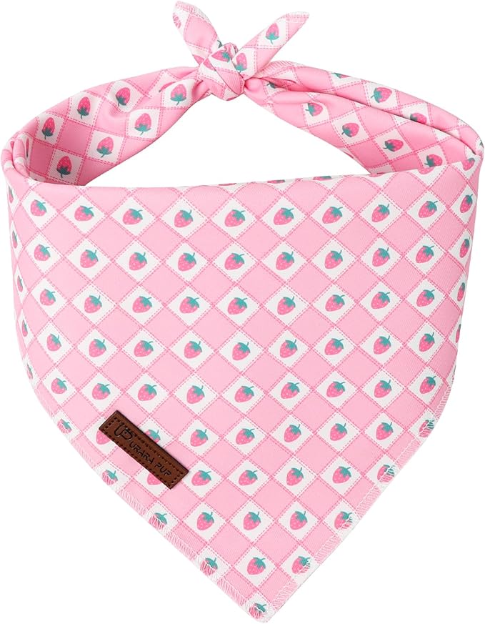 Spring Dog Bandana, UP URARA PUP Strawberry Triangle Bid Scarf for Medium Large Dogs, Cotton Kerchief for Girl Boy Puppies, Cute Spring Pink and White Bandana,L