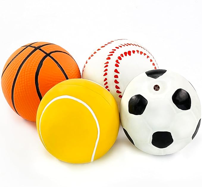 CHIWAVA 4 Pack 2.4" Squeak Latex Puppy Dog Toy Ball Sports Balls Sets Fetch Interactive Toy for Small Dogs