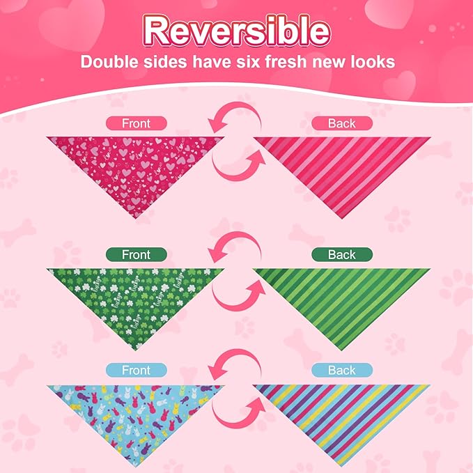 Valentines Dog Bandana St Patricks Day and Easter Dog Bandana Small 3PCS, Colorful Scarf for Boy and Girl, Triangle Reversible Bibs.