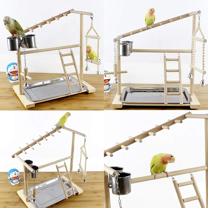 Parrot Playstand Bird Playground Birdcage Wood Perch Stand Ladder Swing with with Feeder Cups Birds Play Gym Cockatiel Playground Include Hanging Bell Swing Ladders