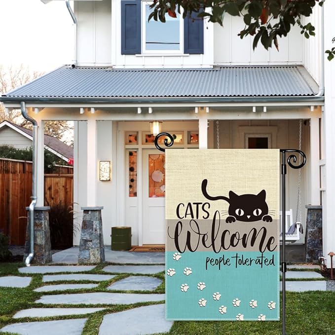 Cats Welcome People Tolerated Garden Flag, Pet Lover Porch Flag, Outdoor Home Decor Double Sided Yard Flags Banner for Patio Lawn, Cat Lovers Gifts for Women, Cat Owner Gifts