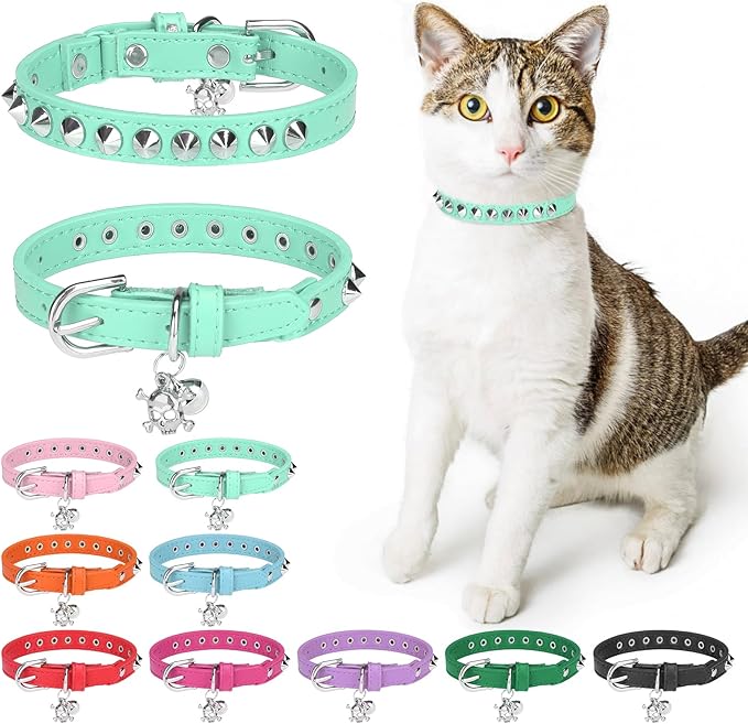 Leather Cat Collars for Boy Girl Cats with Bell and Safety Elastic Belt, Personalized Rivets Stud Adjustable Safe Buckle Collar with Skull Charm for Kitty Small Pets, Halloween Cat Collar