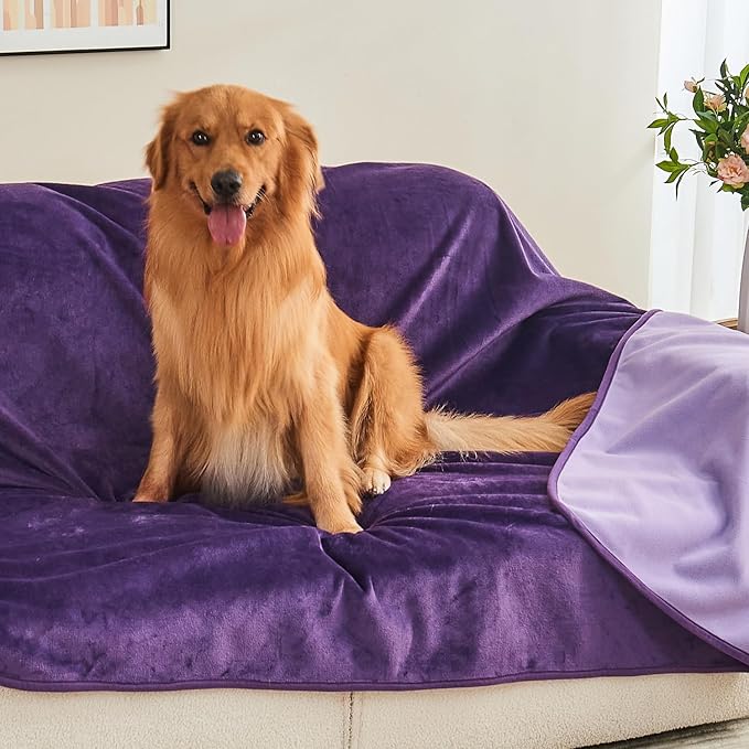 Waterproof Blanket 80"x90" for Adults, Reversible Waterproof Bed Cover for Dogs Cats Pets, Soft Leakproof Blanket for Bed Couch Sofa Furniture Protector, Dark Purple/Light Purple