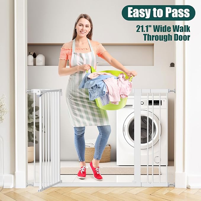keny 29.7"-46" Baby Gate for Stairs, Auto Close Dog Gates for Doorways, Pressured Mounted No Drilling Pet Gate Extra Wide, Easy Walk Thru Stair Gate, 30" Tall, White