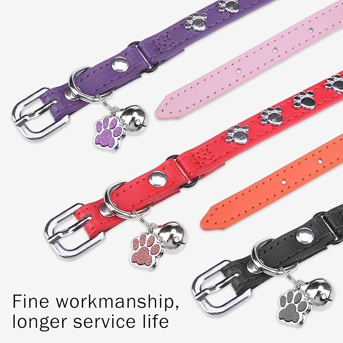 SCENEREAL Cat Collar with Bells, Leather Cat Collars with Paw Studded, Adjustable Pet Collars for Boy Girl Cats,Soft Cute Cat Collar for Kitty Puppy Small Big Cats, Purple