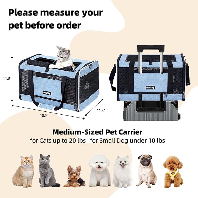 Cat Carrier Soft-Sided Travel Bag for Medium to Large Cats Over 15lbs, Small Dog Carrier Crate Top Entry Breathable Mesh Puppy 12 Pounds, Pet Rabbit Carrying Cage Kennel Collapsible Blue