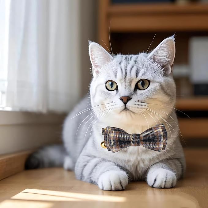 2 Pack Cotton Cat Collar, Removable Bowtie, Plaid Pattern, Safety Breakaway Clasp, Adjustable for Cats.(Adult Cat, Blue and Brown)