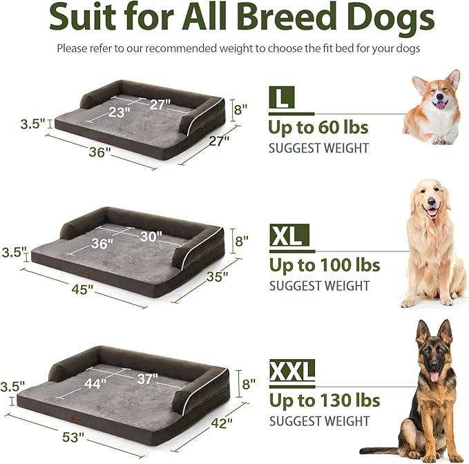 Orthopedic Dog Beds for Large Sized Dogs, Waterproof Egg Crate Foam Large Dog Couch Beds with Comfy Bolster 36x27Inch, Washable Pet Beds with Removable Cover and Nonskid Bottom, Dark Green