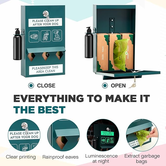 Qinyoung Pet Waste Station, Includes 600 Roll Bags, Dog Waste Station with Foot Pedal, Dog Poop Sign, Bag Dispenser, Hand Sanitizer Bottle and Covered Outdoor Trash Can for Parks, Trails Outdoor