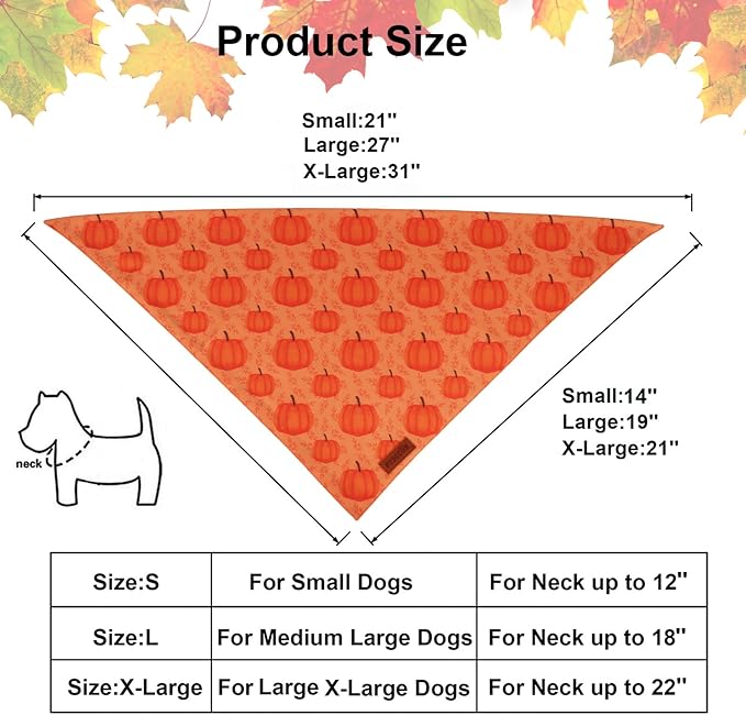 PTDECOR Thanksgiving Fall Dog Bandanas, Orange White Reversible Holiday Pet Scarf, Happy Thanksgiving Pumpkin Triangle Thanksgiving Bandanas for Medium Large Dogs Pets (Large)