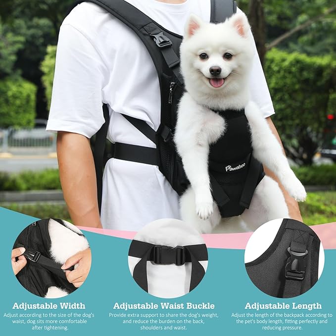 Pawaboo Pet Dog Front Carrier Backpacks, Legs Out Pet Carrier Backpack for Dogs, Adjustable Dog Chest Carriers Purse for Small Medium Dogs Hands Free for Travel Hiking Cycling Camping, S, Black