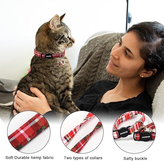 2 Pack Christmas Plaid Cat Collars Breakaway with Bell, DOGWONG Safety Buckle Red Plaid Cute Cat Collar for Girl Boy Cats，Adjustable 7-12 Inch