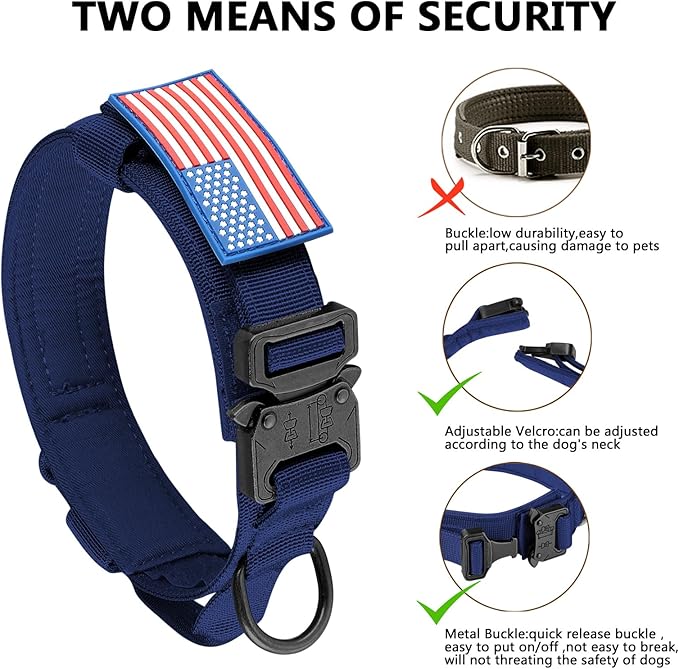 DAGANXI Tactical Dog Collar, Adjustable Military Training Nylon Dog Collar with Control Handle and Heavy Metal Buckle for Medium and Large Dogs, with Patches and Airtags Case (Midnight Blue, M)
