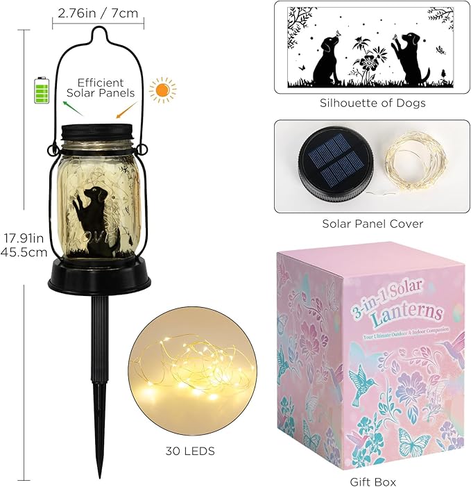 kyoryuger Dog Solar Lanterns 3in1 Dog Light Garden Decor Gifts for Women Mom Grandma Unique Teen Girl Gifts for Dog Lovers Decorative Pet Memory Lanterns for Yard Lawn Patio 2 Pack