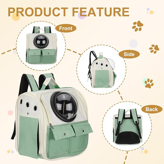 Pet Backpack Carrier, Portable and Ventilated, Oxford Cloth, Dogs Cats and Small Animals Travel Bag 12.99", (Green, 1 Pcs), Intended for Hiking/Camping/Traveling