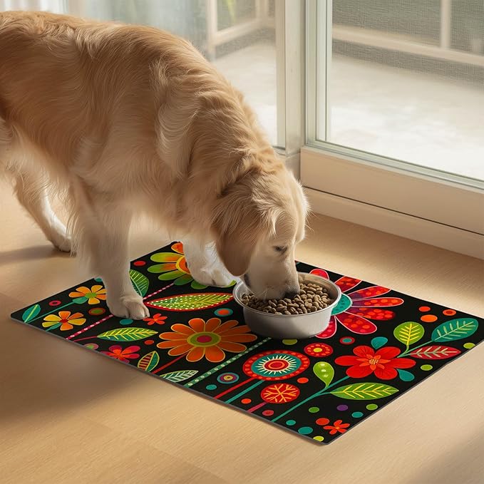 Vibrant Flower Pattern Pet Food Mat Spill-Proof Pet Feeding Mats for Food and Water Bowls Non-Slip Cats Placemat for Pet Areas Easy Clean Fast Dry Dog Water Bowl Mat 24" x 16"