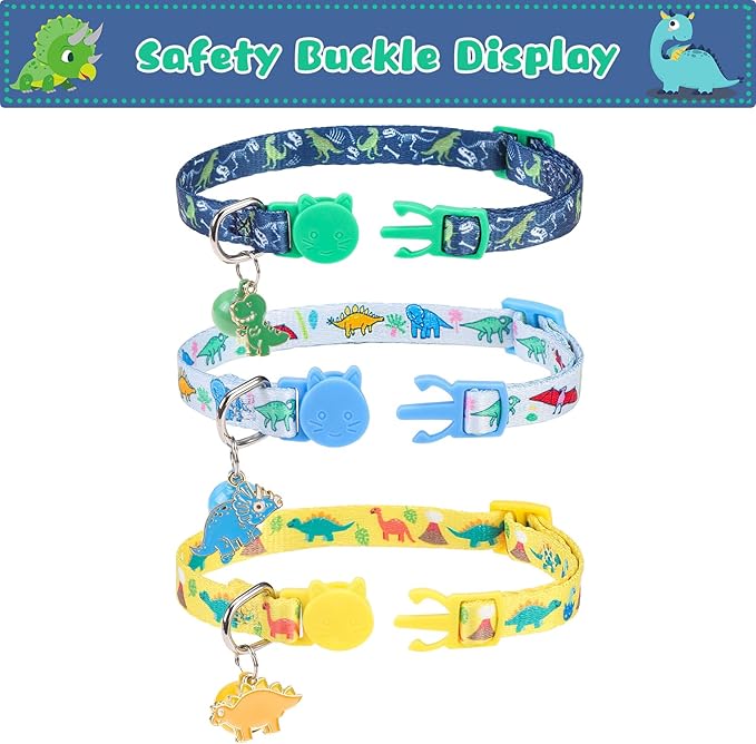Breakaway Cat Collars with Bell & Cute Pendants, 3 Pack Safety Buckle Kitten Collars, Adjustable Pet Collar Ideal for Girl Boy Cats Puppy (Style A - Dinosaur)