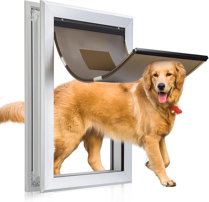 Durable Pet Door, Aluminum Door for Dog and Pets, X-Large Doggie Door with Automatic Closing Magnetic Flaps, Ideal for Interior and Exterior Doors, Screen and Wall, Weather Resistant